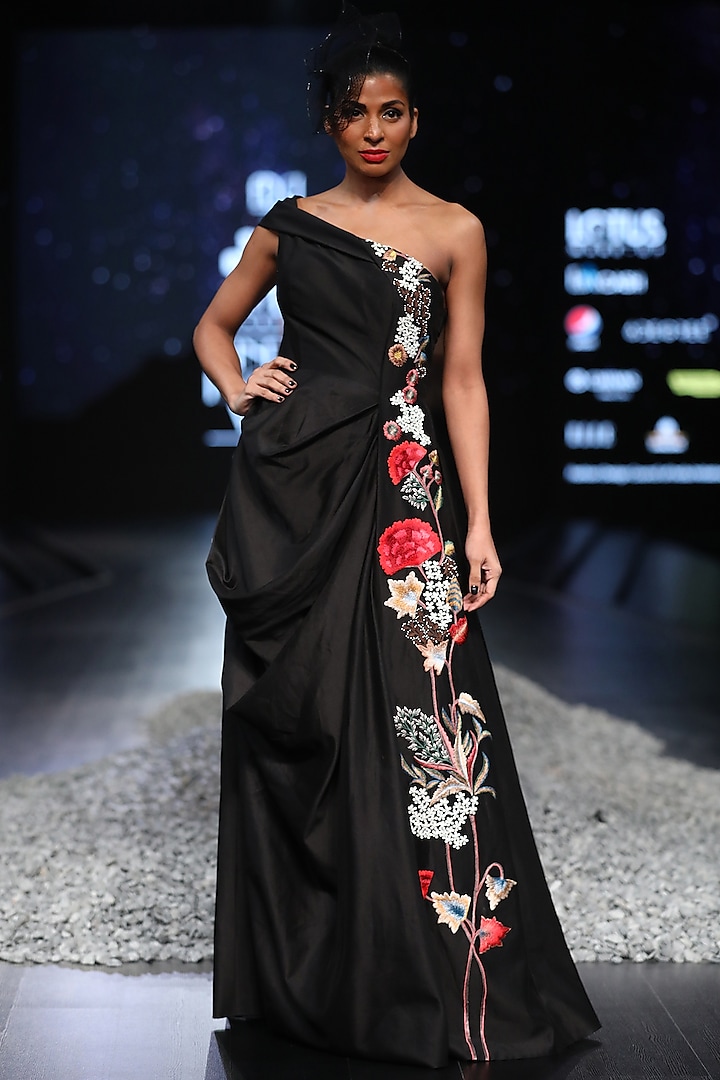 Black Pleated & Embroidered Gown by Samant Chauhan