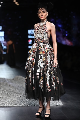 Black Embroidered Halter Neck Gown by Samant Chauhan