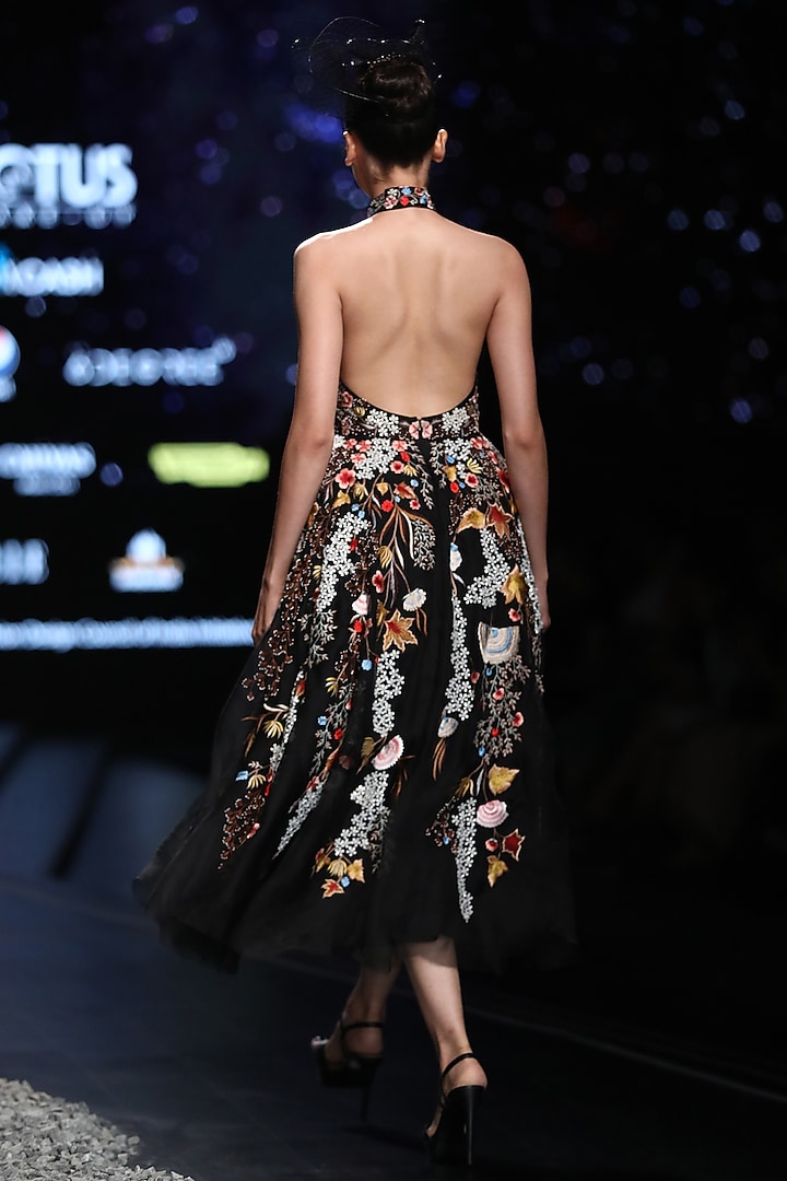 Black Embroidered Halter Neck Engagement Gown by Samant Chauhan at Pernia's Pop Up Shop