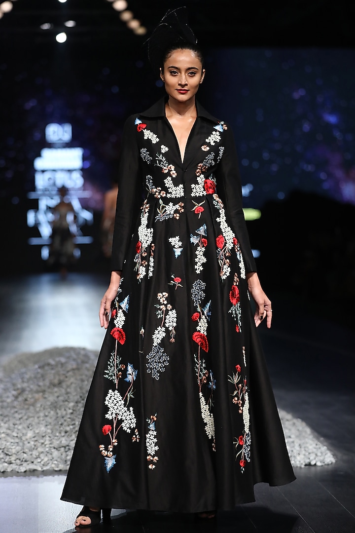 Black Embroidered Jakcet Gown by Samant Chauhan