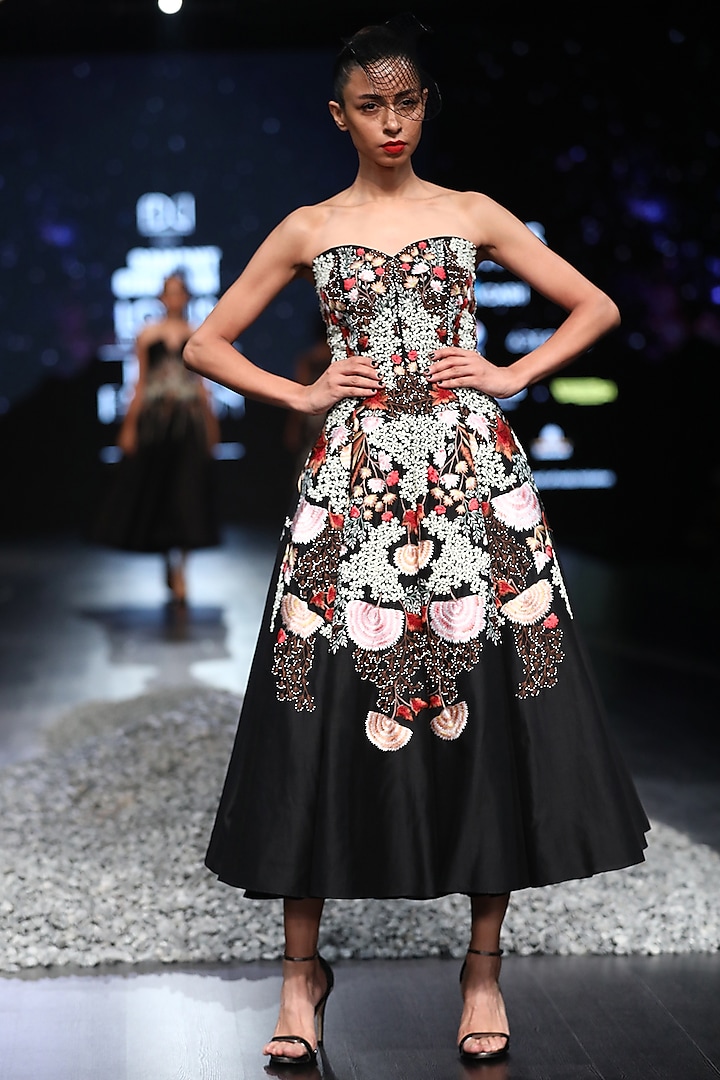 Black Off Shoulder Embroidered Gown by Samant Chauhan