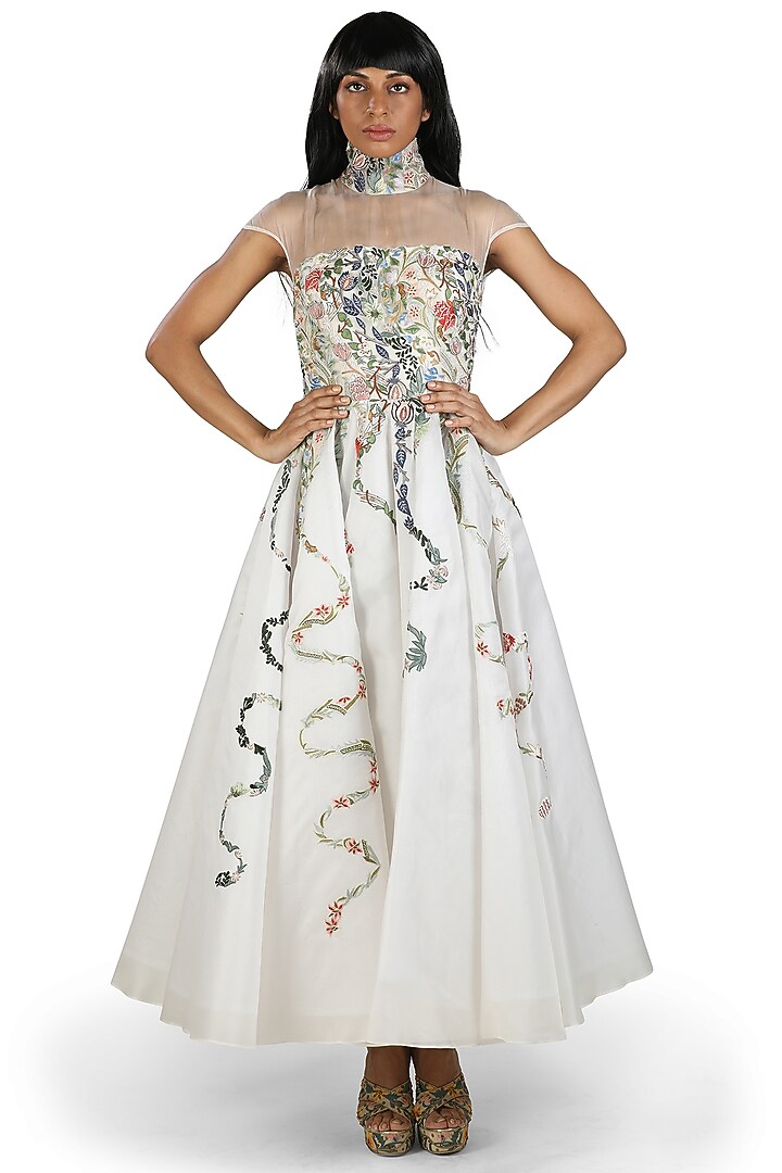 Ivory Zardosi Embroidered Party Wear Dress by Samant Chauhan at Pernia's Pop Up Shop