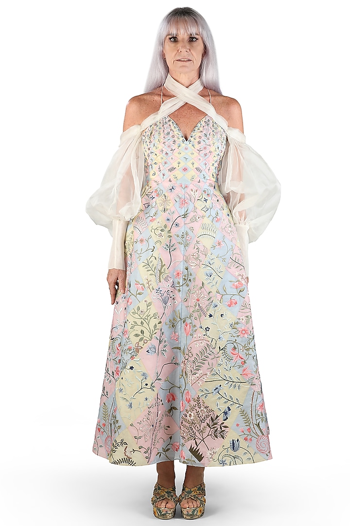 Ivory Floral Printed Halter-Neck Dress by Samant Chauhan