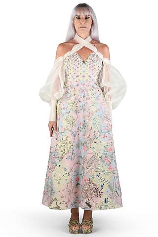 Ivory Floral Printed Halter-Neck Dress by Samant Chauhan