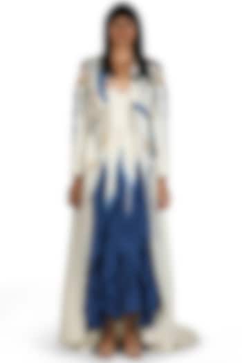 Ivory & Blue Ombre Party Wear Dress With Jacket by Samant Chauhan at Pernia's Pop Up Shop