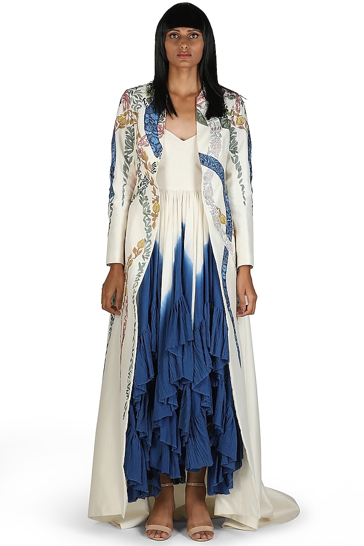Ivory & Blue Ombre Party Wear Dress With Jacket by Samant Chauhan at Pernia's Pop Up Shop