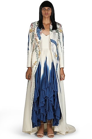 Ivory & Blue Ombre Dress With Jacket by Samant Chauhan