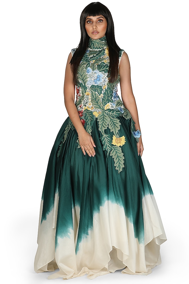 Green Embroidered High-Low Gown by Samant Chauhan at Pernia's Pop Up Shop