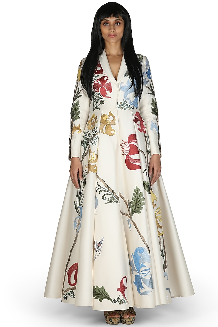 Ivory Floral Printed Jacket Gown by Samant Chauhan