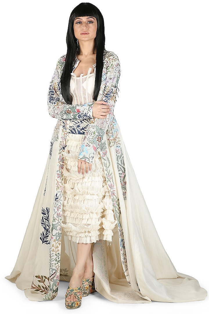 Ivory Embroidered Dress With Long Jacket by Samant Chauhan