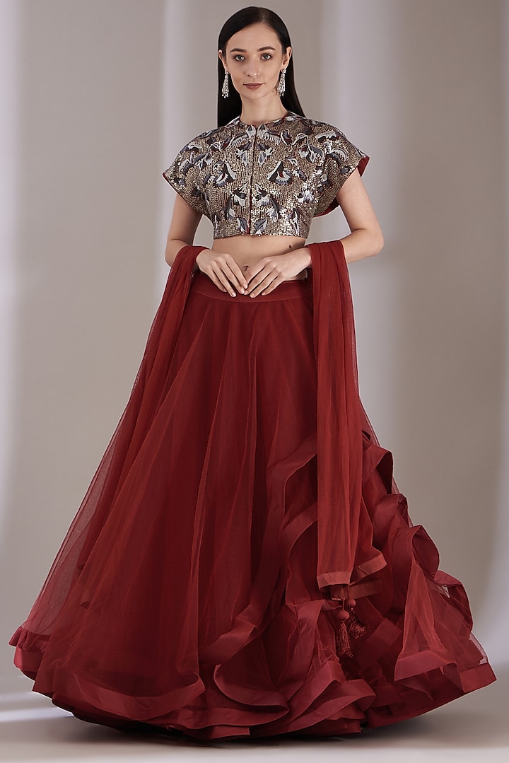 Wine Chanderi Wedding Lehenga Set by Samant Chauhan at Pernia's Pop Up Shop