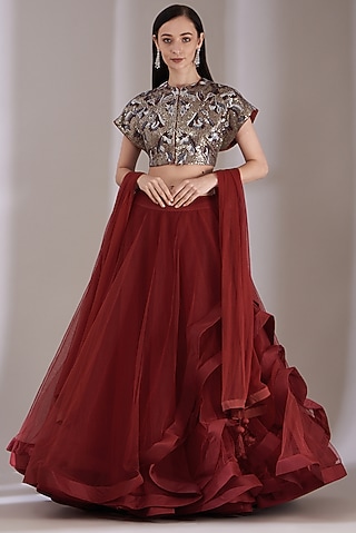Wine Chanderi Lehenga Set by Samant Chauhan