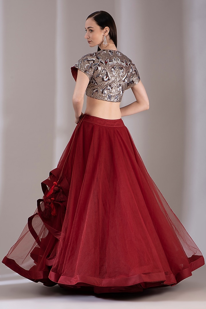 Wine Chanderi Wedding Lehenga Set by Samant Chauhan at Pernia's Pop Up Shop