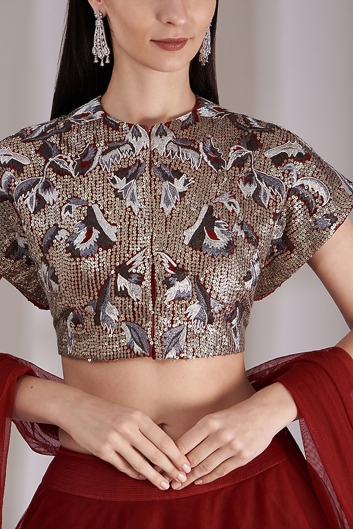 Wine Chanderi Wedding Lehenga Set by Samant Chauhan at Pernia's Pop Up Shop