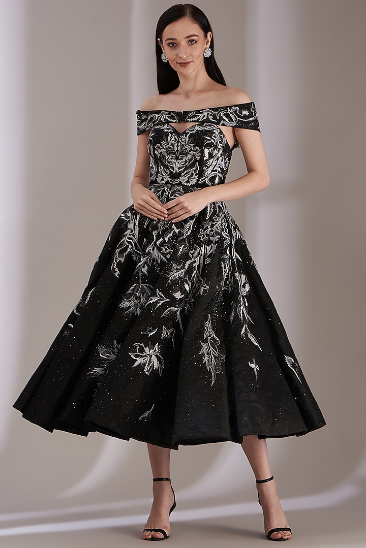 Black Off-Shoulder Embroidered Gown by Samant Chauhan