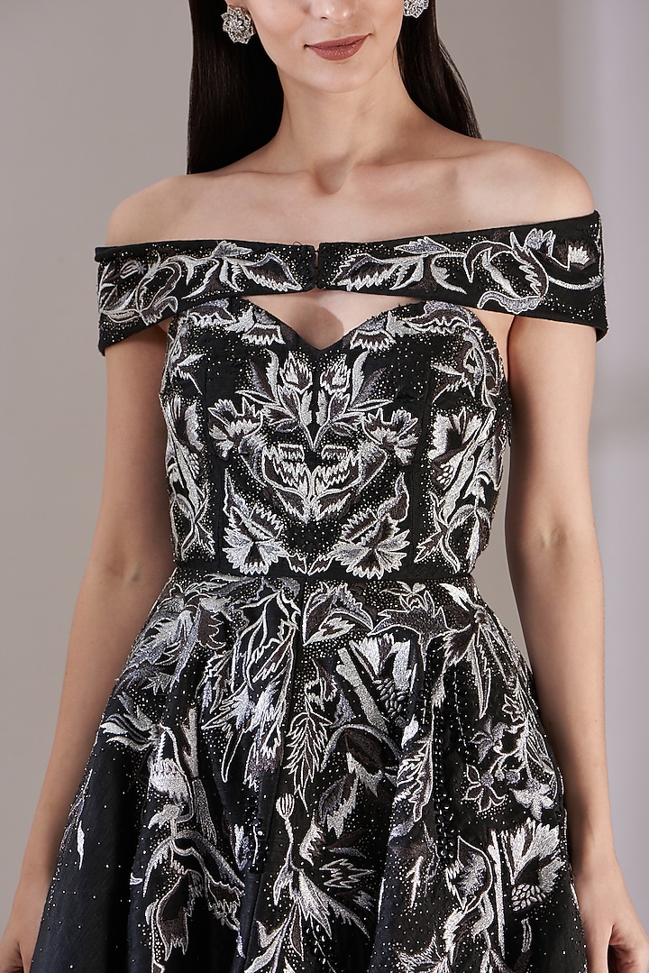 Black Off-Shoulder Embroidered Wedding Gown by Samant Chauhan at Pernia's Pop Up Shop