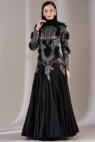 Black Cotton Silk Embroidered Gown by Samant Chauhan