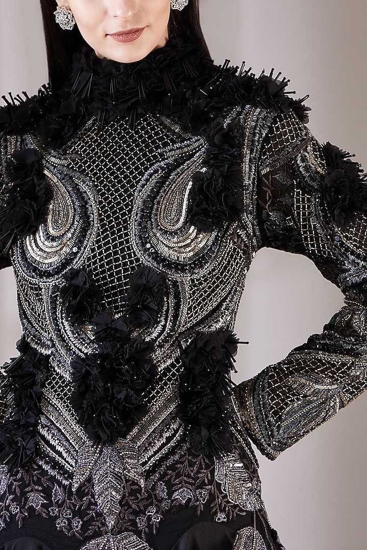 Black Cotton Silk Embroidered Wedding Gown by Samant Chauhan at Pernia's Pop Up Shop