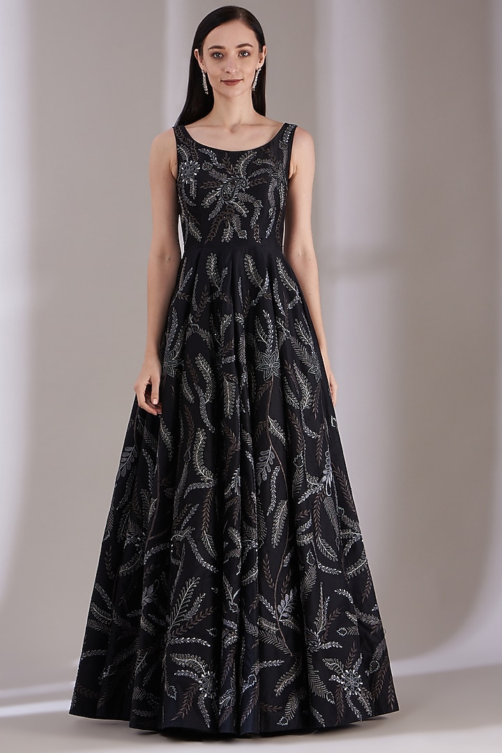 Black Embroidered Gown in Cotton Silk by Samant Chauhan