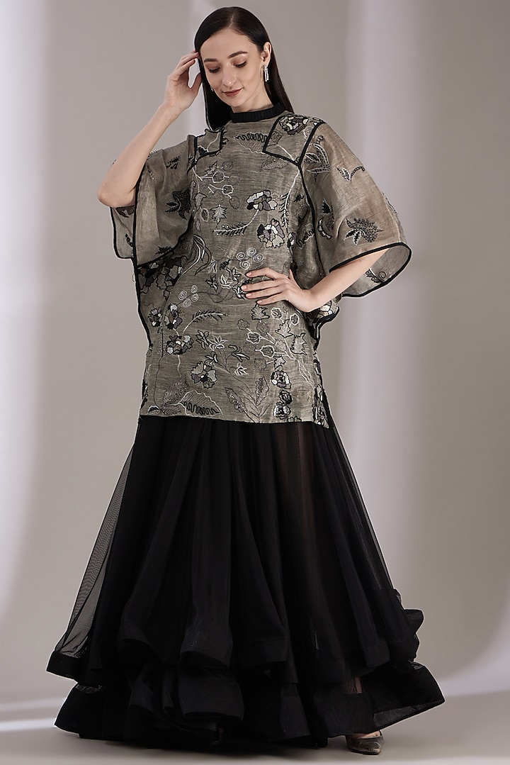 Black & Grey Embroidered Kaftan Dress by Samant Chauhan