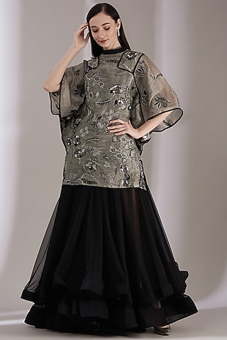 Black & Grey Embroidered Kaftan Dress by Samant Chauhan