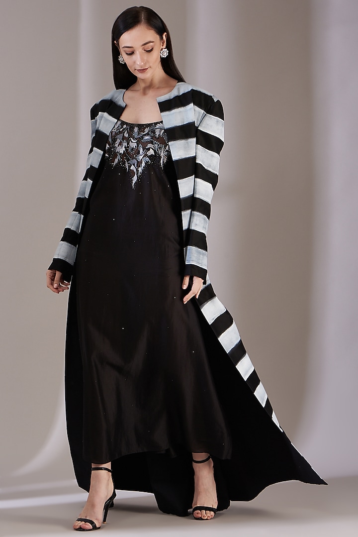 Black & White Embroidered Jacket Dress by Samant Chauhan