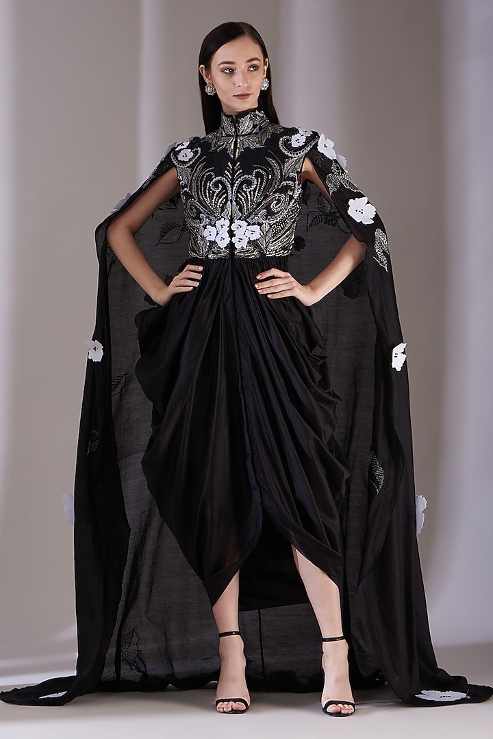 Black Cotton Silk Zardosi Embroidered Party Wear Dress by Samant Chauhan at Pernia's Pop Up Shop