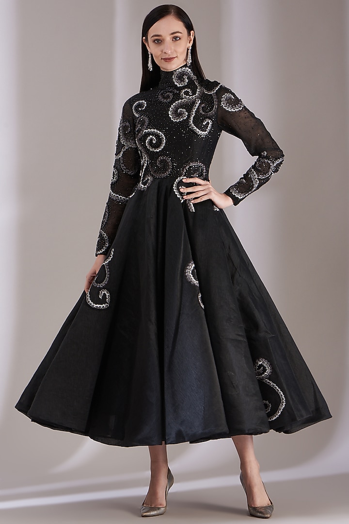 green emerald velvet dress One-Side Pleated Embroidered Dress – Samant Chauhan main image 1