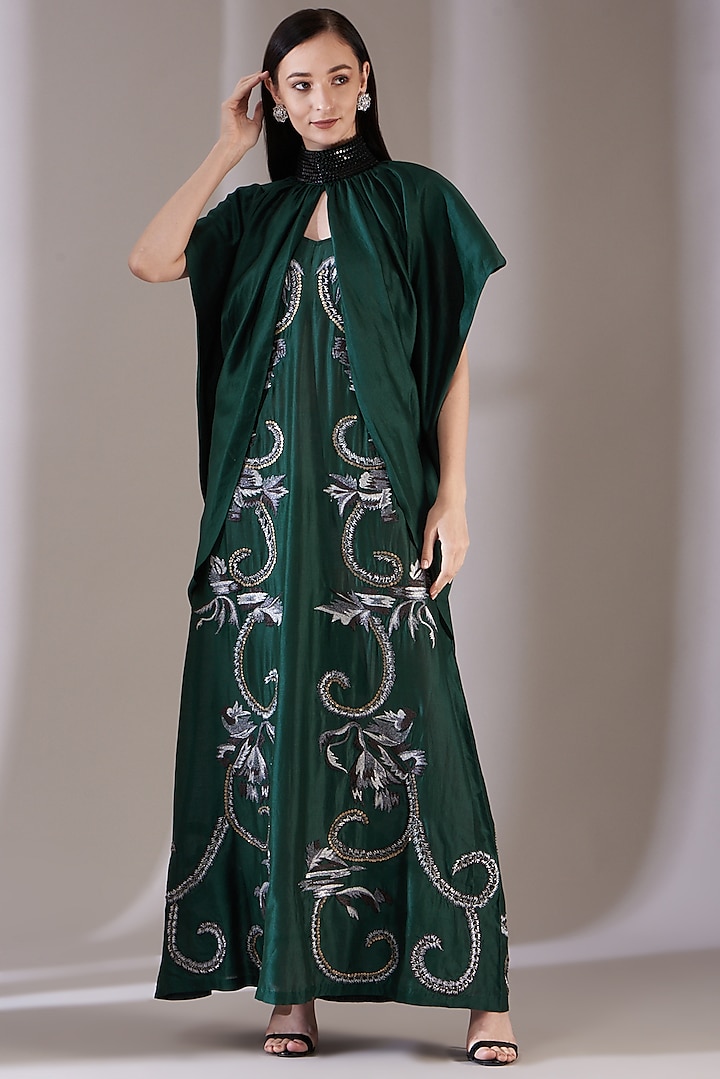 Emerald Green Embroidered Jacket Dress by Samant Chauhan