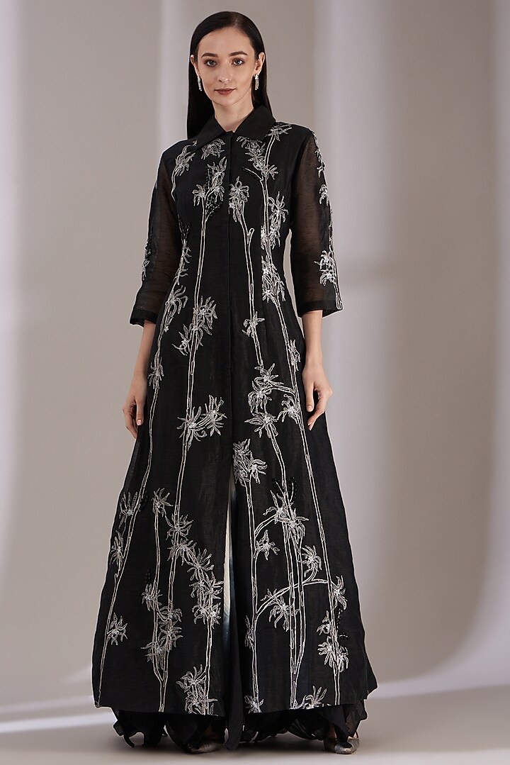 Black Cotton Silk Gown With Embroidery by Samant Chauhan