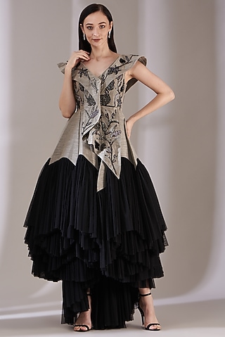Grey & Black Embroidered Dress by Samant Chauhan