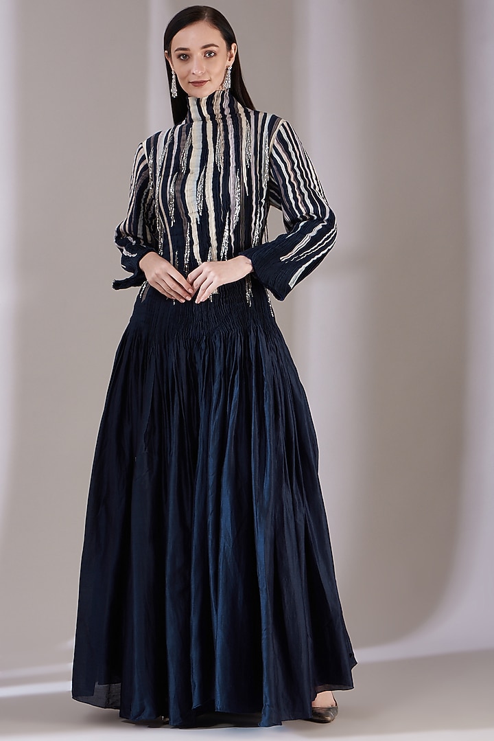 Navy Blue Embroidered A-Line Party Wear Dress by Samant Chauhan at Pernia's Pop Up Shop