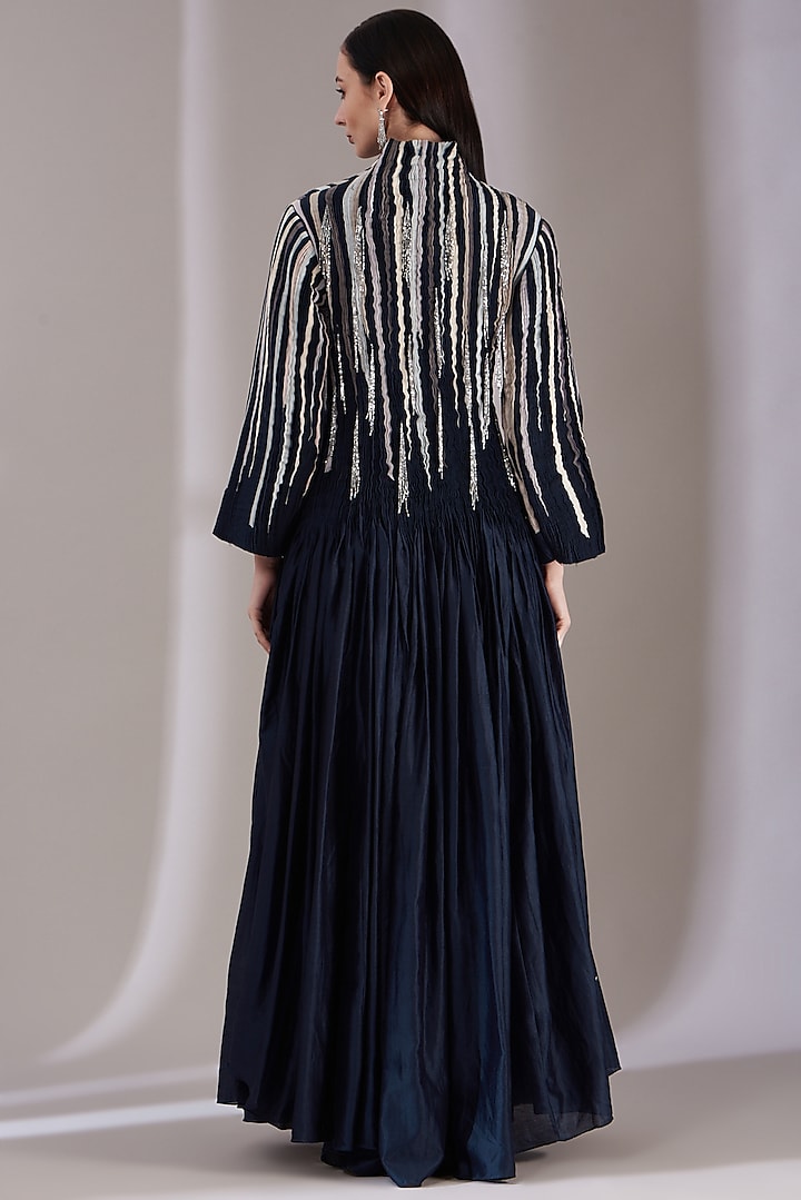 Navy Blue Embroidered A-Line Party Wear Dress by Samant Chauhan at Pernia's Pop Up Shop