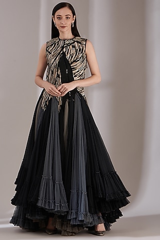 Multi-Coloured Embroidered High-Low Gown by Samant Chauhan
