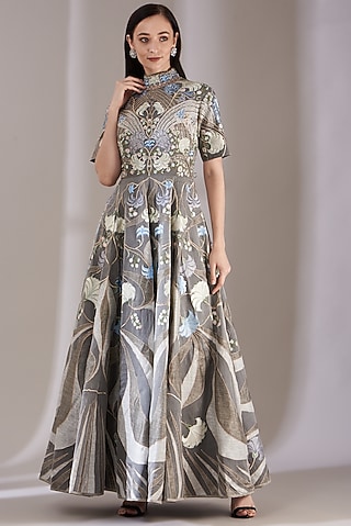 Grey Cotton Silk A-Line Gown by Samant Chauhan