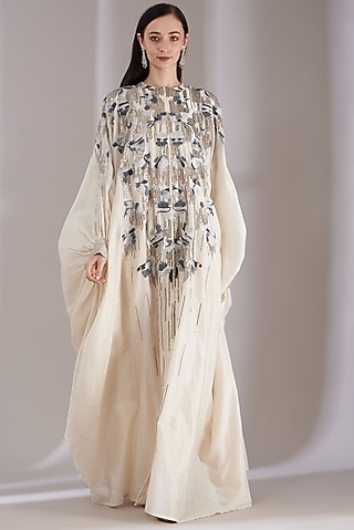 White Embroidered Kaftan Dress by Samant Chauhan