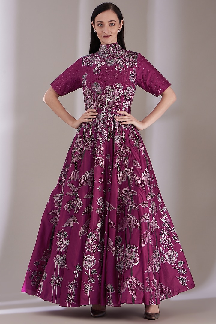 Maroon Embroidered Dress by Samant Chauhan