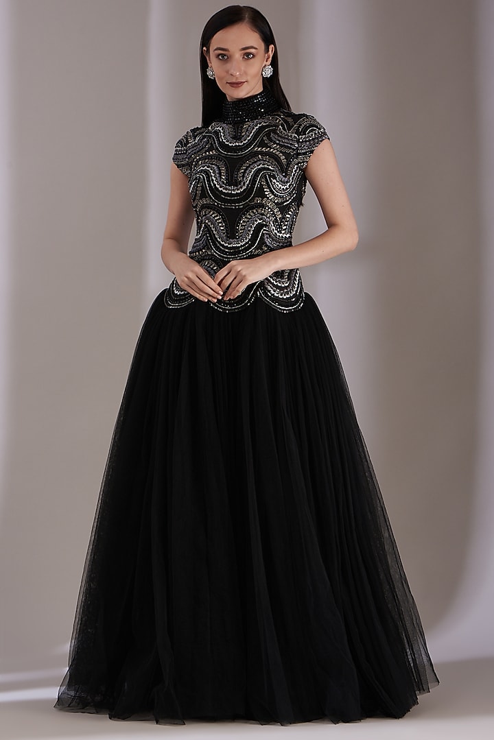 Black Net Embroidered Gown by Samant Chauhan
