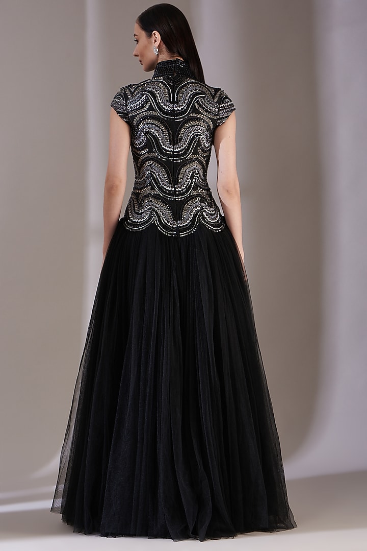 Black Net Embroidered Engagement Gown by Samant Chauhan at Pernia's Pop Up Shop