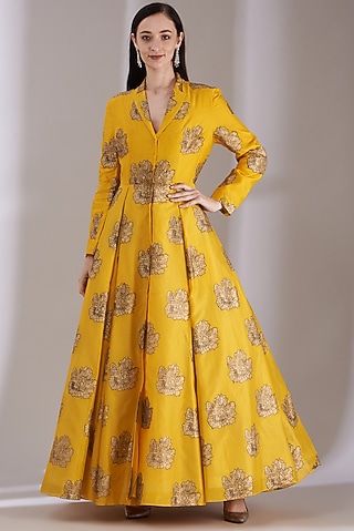 Yellow Chanderi Printed Gown by Samant Chauhan
