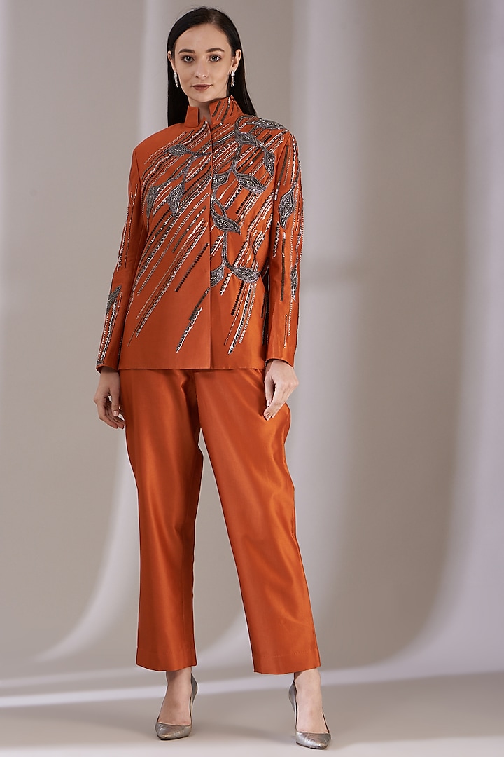 Orange Embroidered Jacket Set by Samant Chauhan at Pernia's Pop Up Shop