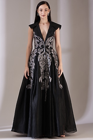 Black Cotton Silk Zardosi Embroidered Gown by Samant Chauhan