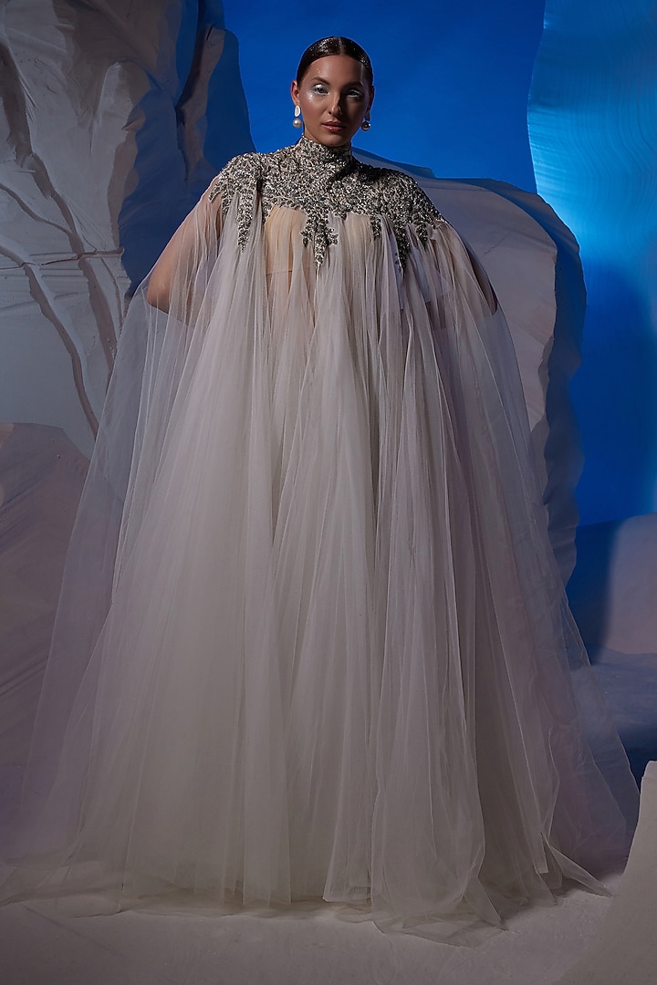 Off-White Net & Cotton Kaftan Party Wear Dress by Samant Chauhan at Pernia's Pop Up Shop