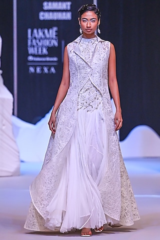 Ivory Cotton Silk & Chiffon Jacket Dress by Samant Chauhan