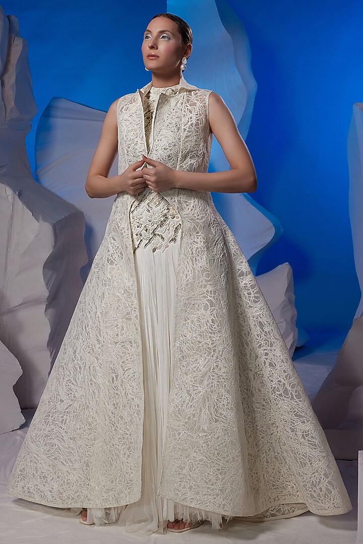 Ivory Cotton Silk & Chiffon Jacket Party Wear Dress by Samant Chauhan at Pernia's Pop Up Shop