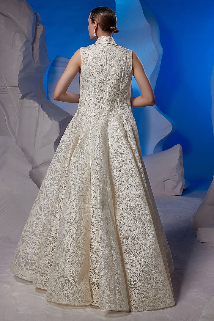 Ivory Cotton Silk & Chiffon Jacket Party Wear Dress by Samant Chauhan at Pernia's Pop Up Shop
