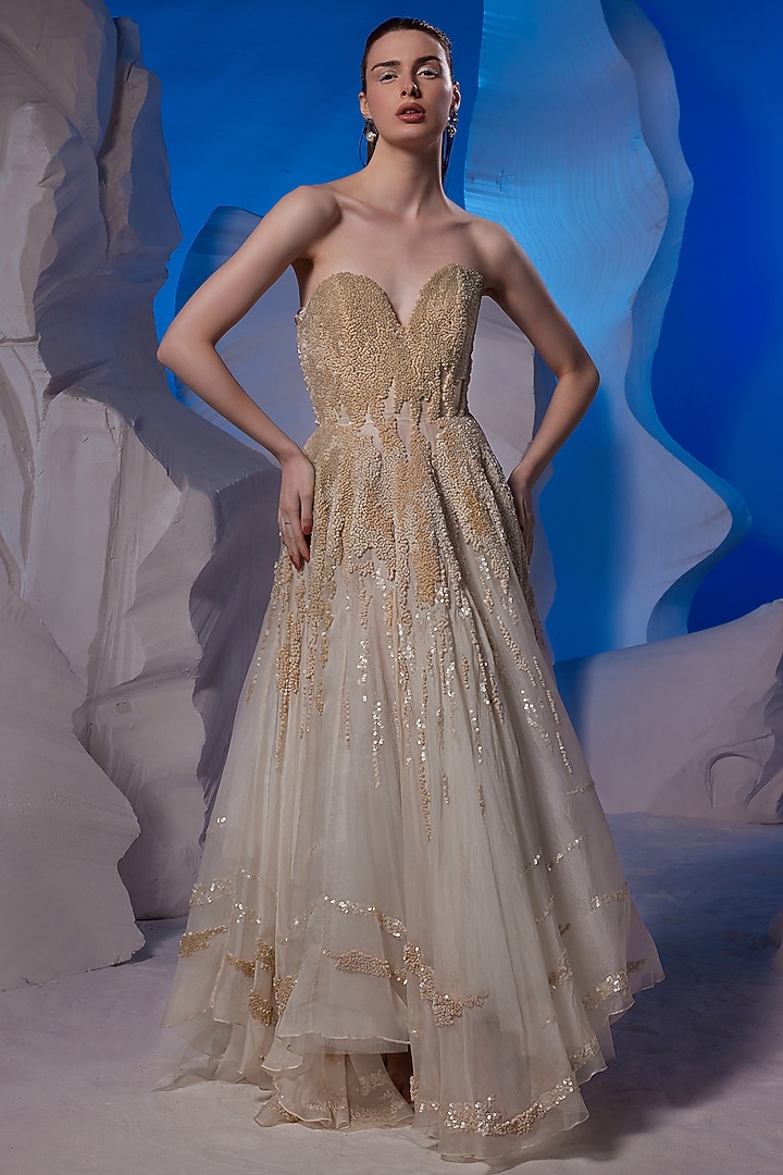 Ivory Organza Silk & Cotton Bridal Gown by Samant Chauhan at Pernia's Pop Up Shop