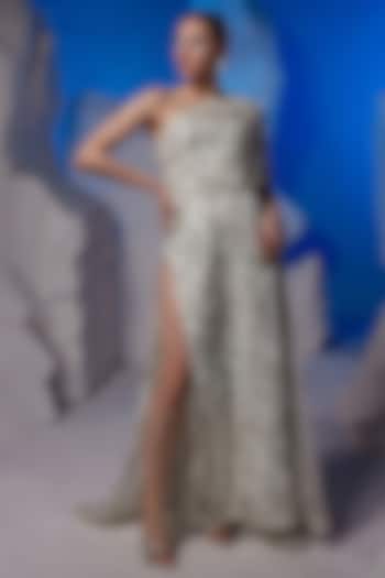 Ivory Organza Silk & Cotton One-Shoulder Wedding Gown by Samant Chauhan at Pernia's Pop Up Shop