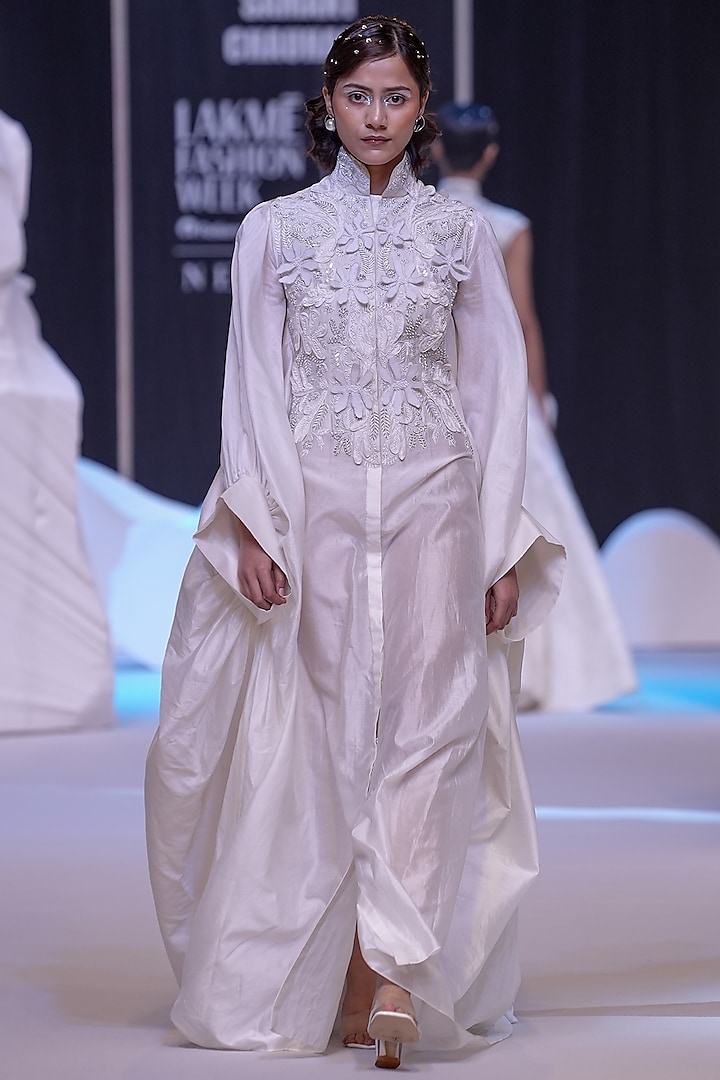 Ivory Cotton Silk & Cotton Applique Embroidered Kaftan by Samant Chauhan