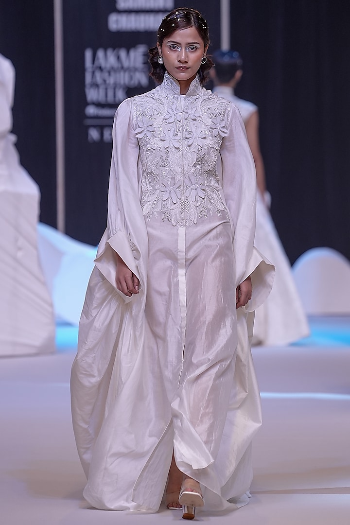 Ivory Cotton Silk & Cotton Applique Embroidered Kaftan by Samant Chauhan at Pernia's Pop Up Shop